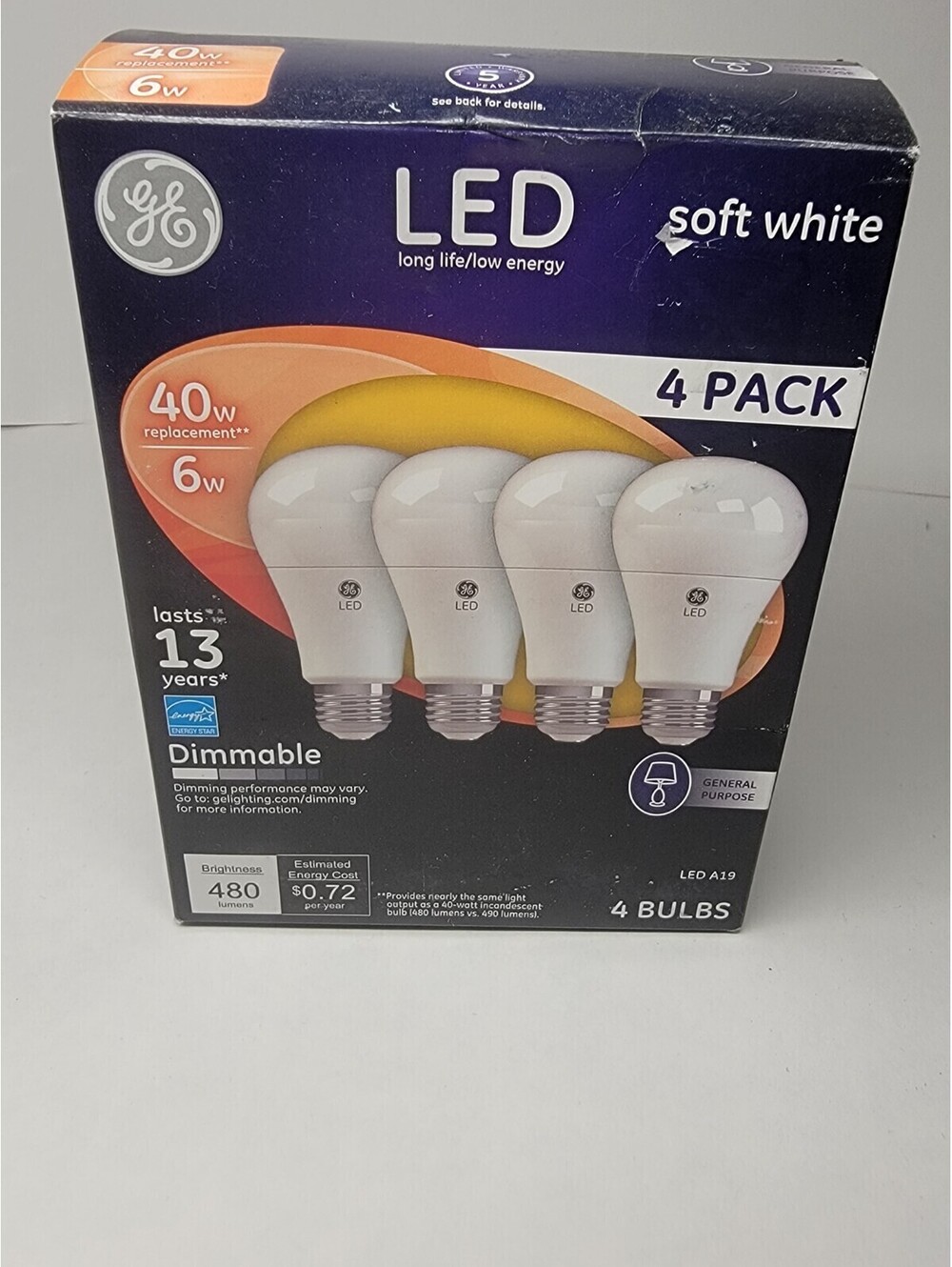 GE LED Lightbulb 4 pack 6 Watts Soft White A19 Dimmable 480 Lumens 40 Watts -176